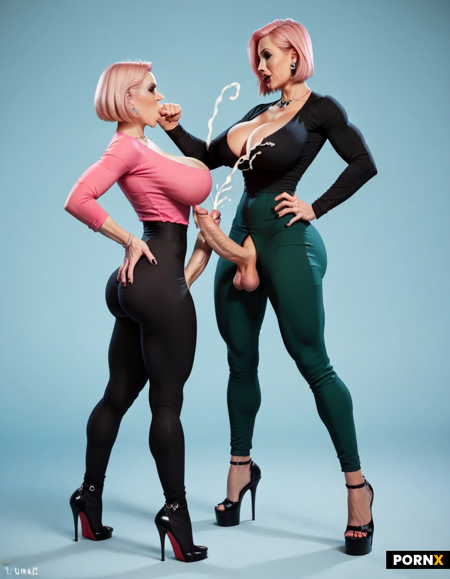 Futanari,(goth:1.3),(pink hair),(milf),(large breasts:1.5),(cleavage),(pink shirt),(thin waist),(green pants),(big cock),(long cock),high heels,tight long sleeve,(skin tight clothes),(hands on pelvis),(cumming:1.6),(orgasm:1.3),(dominant stance:1.5),standing,(domineering),hands on ass,feminine arms,(straight hair),(bob cut),(thrusting hips forward:1.3),(slim),skinny,(fit:1.5),2 people,worship,on knees