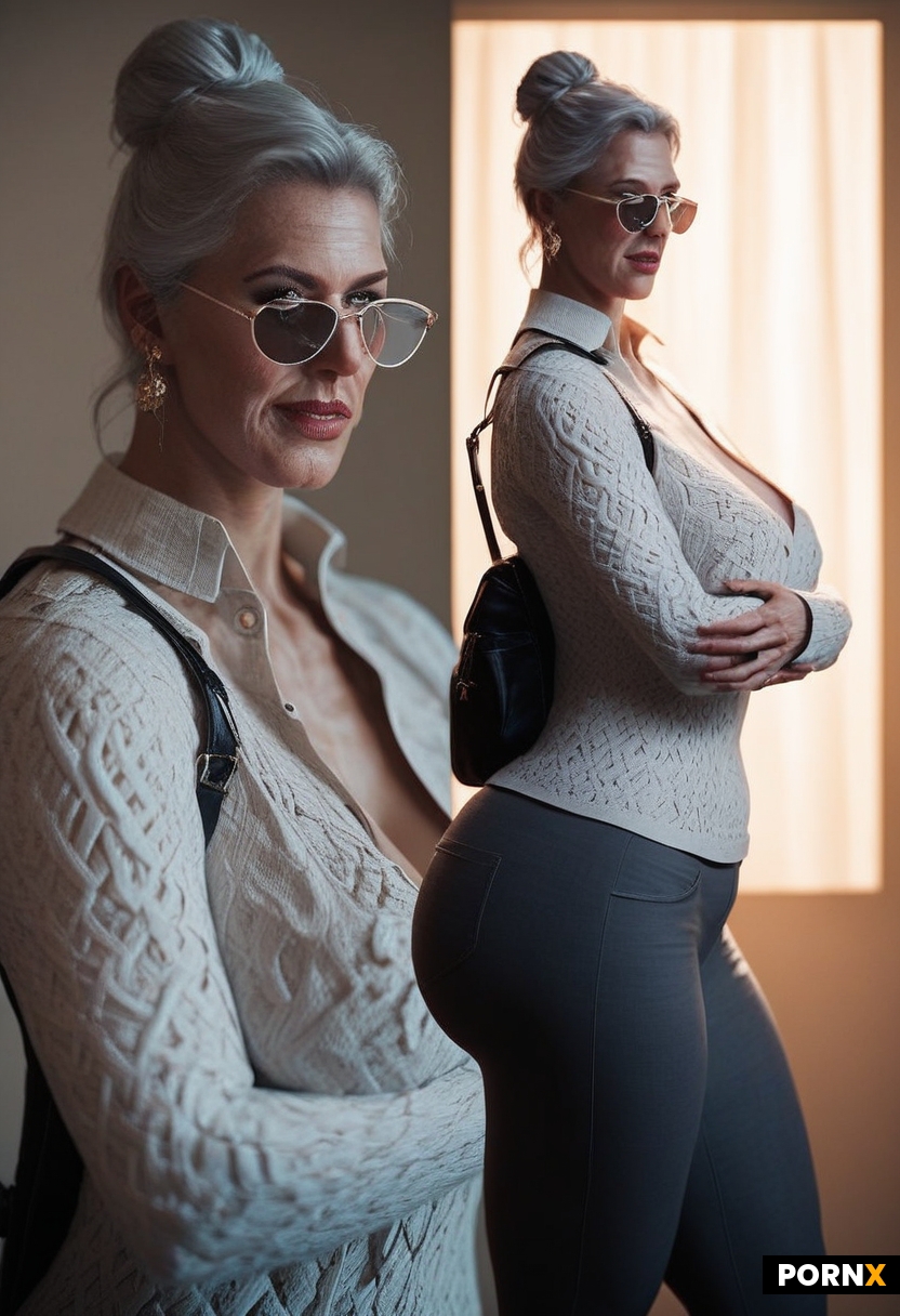 Dapper younger man age is 18 who is  hugging Thick busty Grandmother