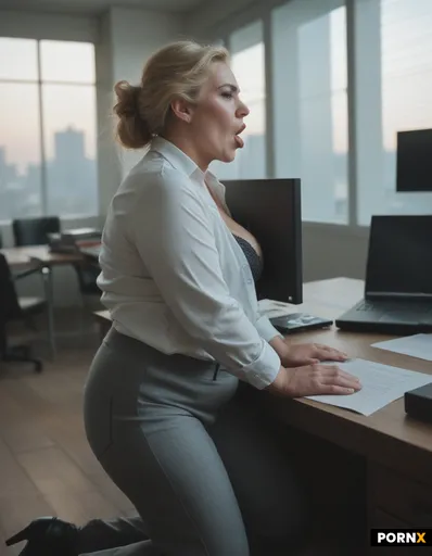 A 18 years old blonde woman kneeling on the floor between the legs of a very fat older man