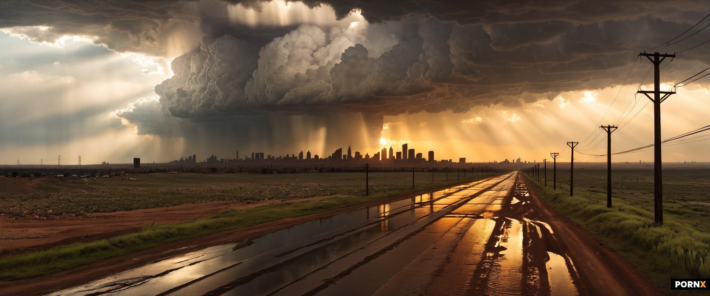 An image of the sun setting over a large tall modern cityscape closeby