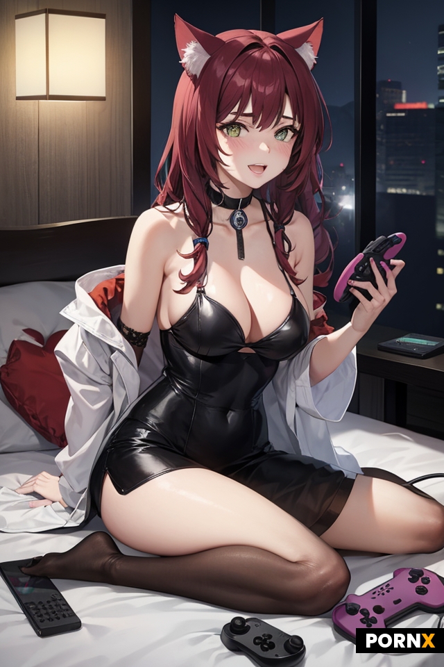 40 year old woman cat ears holding video game controller
