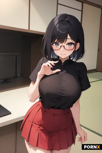 japanese female blouse glasses huge bust  micro skirt short hair