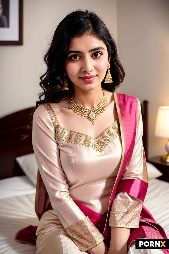 A medium-shot portrait of a youthful South Asian woman sitting gracefully on a bed indoors. She is wearing a traditional light pink Punjabi salwar kameez set featuring fine gold embroidery along the neckline and hem, paired with a matching dupatta resting over her shoulders. Her dark hair is styled into a neat side braid resting over one shoulder, adorned with traditional pink tassels (parandi) at the end. She has fair skin, soft minimal makeup, and a gentle smile looking directly into the camera. The background features a plain off-white bedroom wall and a soft floral-patterned bedspread in natural, diffused indoor lighting. Photorealistic, high detail, 8k resolution, realistic skin texture, soft portrait photography style.