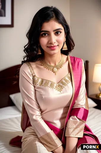 A medium-shot portrait of a youthful South Asian woman sitting gracefully on a bed indoors