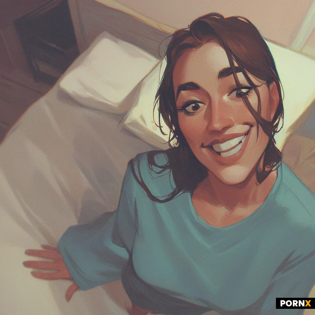 High angle view. A cute, slender brunette with long loose hair is in a bedroom, looking down towards the camera and talking. She is reaching out towards the camera, smiling, asking a question.