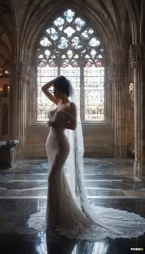 A voluptuous adult woman with freckles and a soft smile walks forward in a massive cathedral that fu