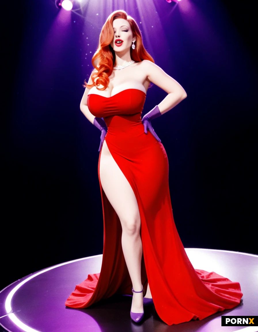 A beautiful classy redheaded woman is dancing on stage at a retro night club. She is wearing a tight sleeveless red dress covered in sparkles. She has long red hair that covers up half of her dace as she sings. She has plump lips and purple eye makeup. She is wearing a sparkling red dress. She is wearing long purple nylon gloves. Tube top. Huge tits. Massive breasts. Drag makeup. Dancing seductively. She has long red hair flowing over her shoulder and over half her face. Striptease on stage. Seductive look on face. Hair covering half her face. Portrait angle from her legs up. (Longer hair:1.8) Thick. Long purple gloves. She is blowing a kiss to the camera. Strapless dress. Jazz singer. Smoothe skin. Syndey. Hair covering one eye. Spotlight (bigger breasts: 1.) orgasm face. Breast expansion. Tiny waist. Tube top. Tight top. Hair over one eye. Orgasm face. Purple lights. Glittery dress. Femme fatale bombshell beauty queen. Red dress. Full body angle. Smokey lights. Strapless dress. Full body angle. Dynamic angle. Animated style.(Zoom out: 1.3) (Skinny waist: 1.3) (Thick thighs: 1.3)