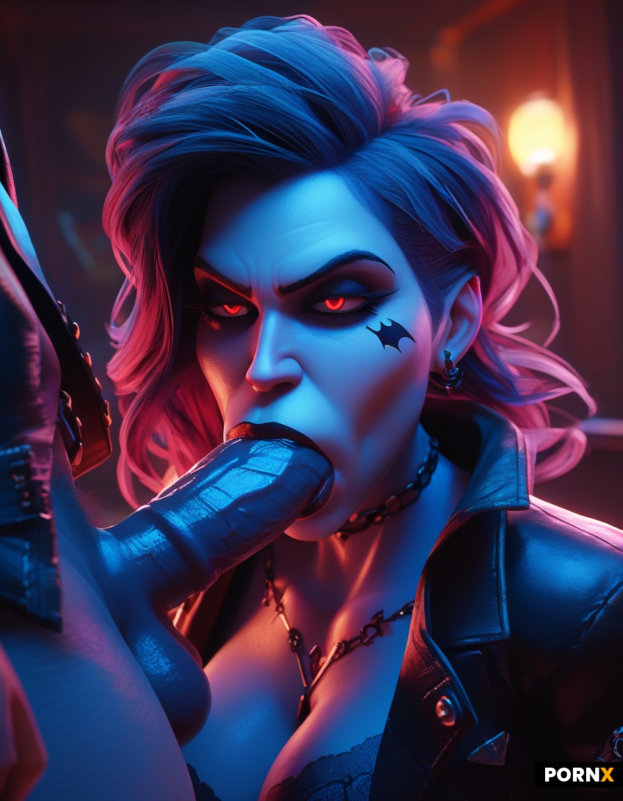 Demonic Goth woman leather jacket giving blowjob