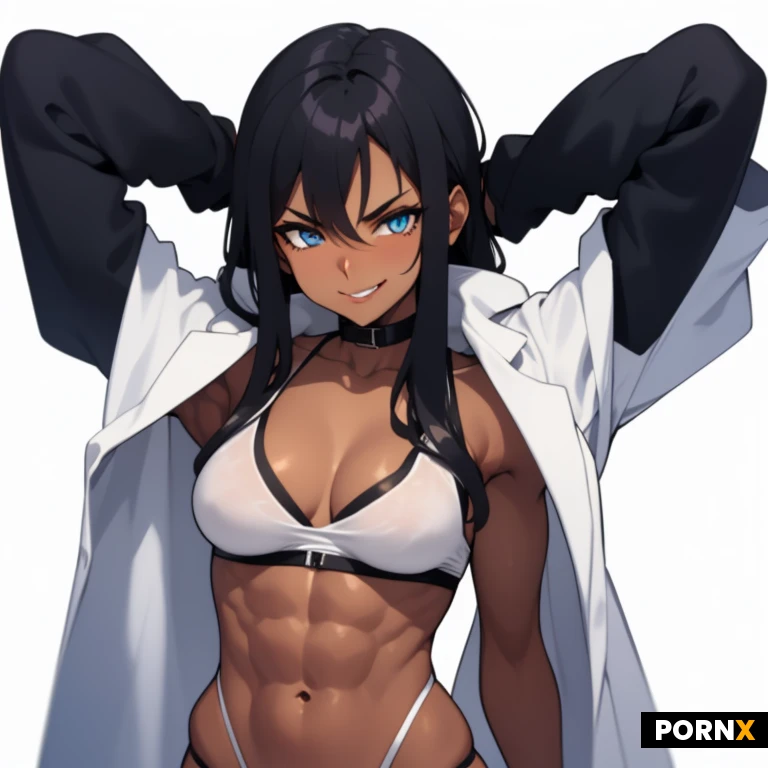 Woman,18 Years old,Egypyian,Muscular,dark Tanned skin,Medium breasts,Seductive smirk,Black hair,Long hair,Blue eye,head on,looking at camera,lab coat,white background
