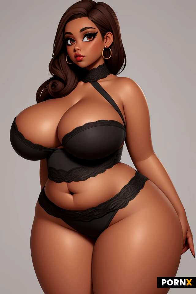 woman, short stature, dark skin, light brown hair, lots of makeup, thick black eyeliner, thick lips, plump lips, earrings, (thick thighs:1.2), short legs, (curvy:1.5), (thick:1.25), (voluptuous:1.25), (enormous breasts:1.35), tight, busty, firm, perky, (wide hips:1.5), (narrow waist:1.35), lipstick, lace, seductive
