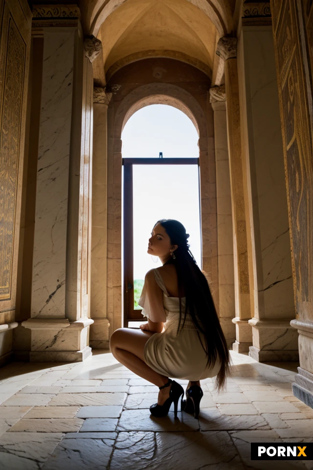 A highly detailed, photo-realistic cinematic shot of an attractive Roman noblewoman (around 20-30 years old) inside a luxurious Roman villa (domus) atrium. She is unrolling an authentic antique parchment scroll with both hands, looking at it with a fascinated and attentive expression. Warm natural daylight filters down through the compluvium, illuminating the serene scene. She wear string and black high heels. Her hair is styled in elaborate Roman braids with subtle gold jewelry. In the background, rich marble columns, detailed wall frescoes, and a stone impluvium pool with soft water reflections are visible. Photorealistic texture, historical accuracy with a modern aesthetic touch, cinematic depth of field, 4:5 aspect ratio.