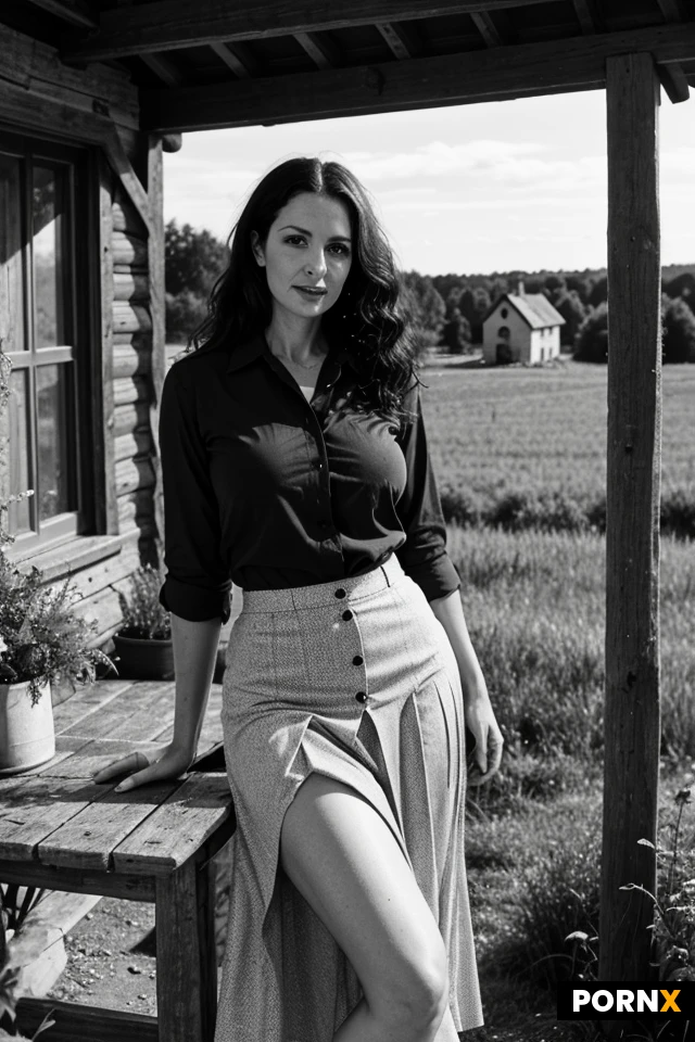 mommy.37 years old british.old clothes.buttoned shirt.pleated long skirt.thick body.busty.black curly hair. old times.black and white image.in the countryside with a one rustic house in the background