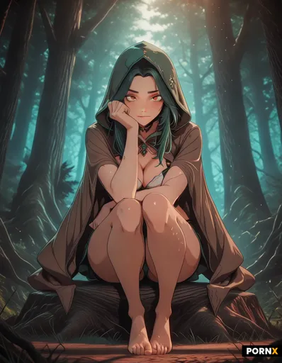 A rogue RPG fantasy game brunette in a green hood and revealing brown cloak lays down in the middle
