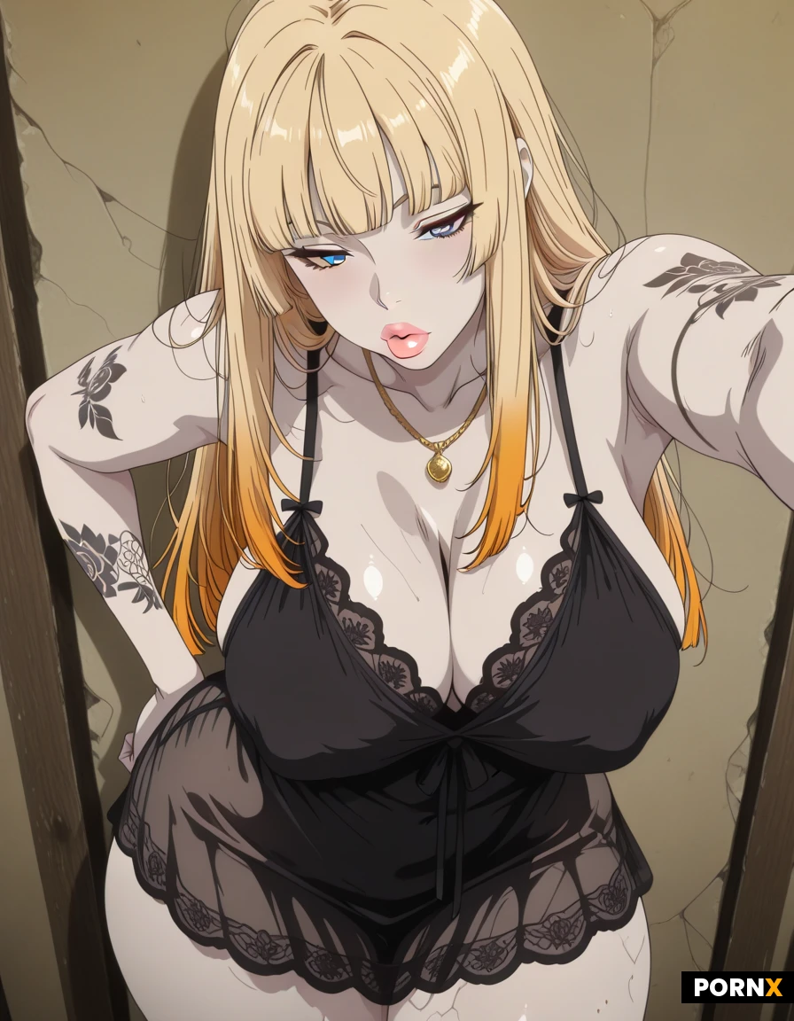 one woman, pale skin, pov, bending over leaning with one arm against a wall looking down at you, hime cut, long hair, messy textured hair, gradient hair orange to yellow, blue eyes, big lips, big breasts, wide hips, thick thighs, huge ass, black lace nightgown, gold necklace, tattoos on arms, tattoos on thighs