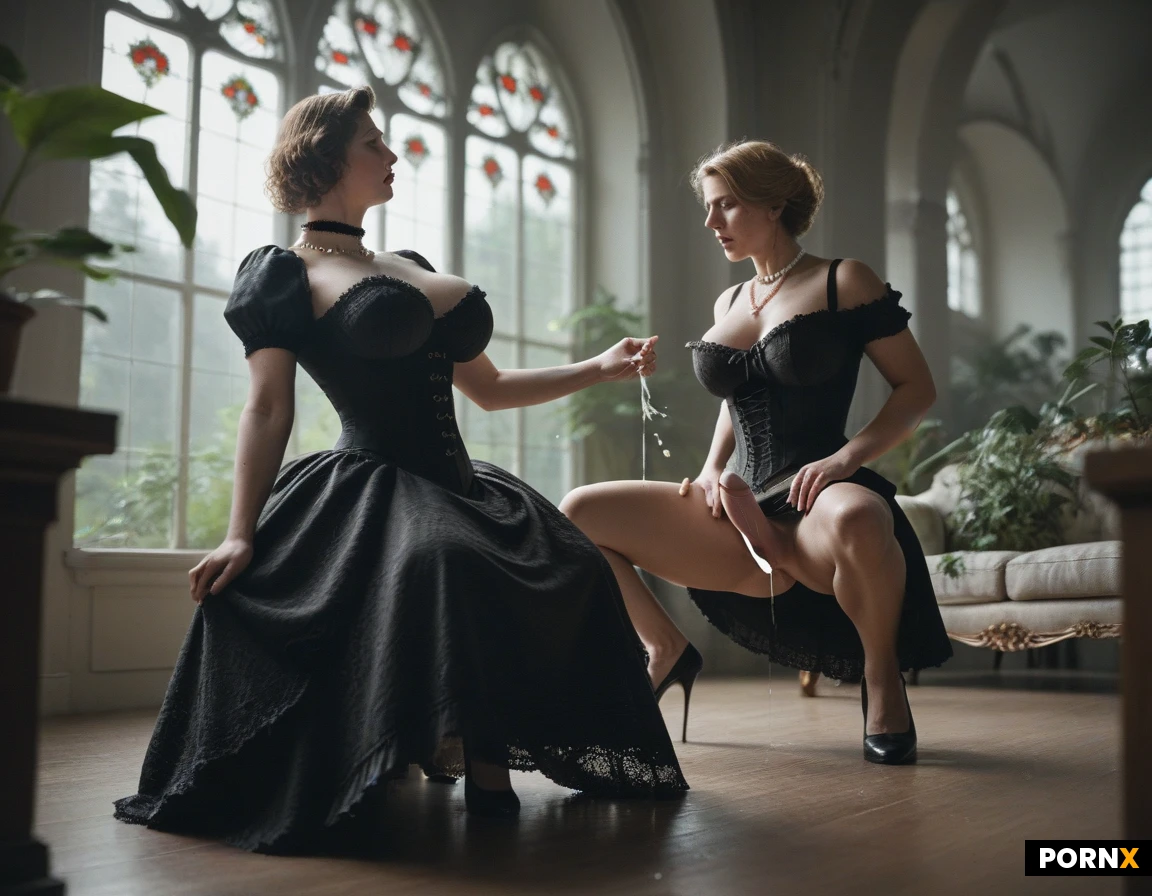 beautiful blonde woman, short bob, pale skin, huge breasts, curvy body, squatting cowgirl, squatting on top of penis, riding, sex, victorian dress, corset, lace, bustle skirt, pearl necklace, glass greenhouse, lush plants, humid, soft diffused light, masterpiece, best_quality, highres, absurdres, 2girls, futanari, red_hair, white_hair, hourglass_body, large_breasts, medium_ass, large_cock, erect_cock, anal, cumming, wet, choker, orgasm_face, legs open, sweat, interior, veiw from below, veiw from waist, soft_light, photorealistic, ultra_detailed