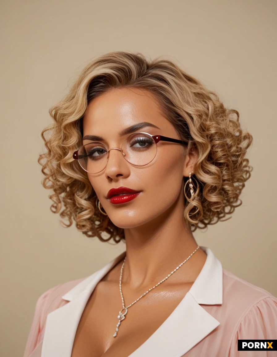 Latina, oiled skin, curly hair, round glasses, dark red lippstick, blonde Strähnen, Ohrringe, weiße blouse, decollete, verschwitze blouse, Schweiß, roter minirock, Plattform Highhells, fußkettchen, Hintergrund büro, Sitz auf den Tisch, Beine geöffnet