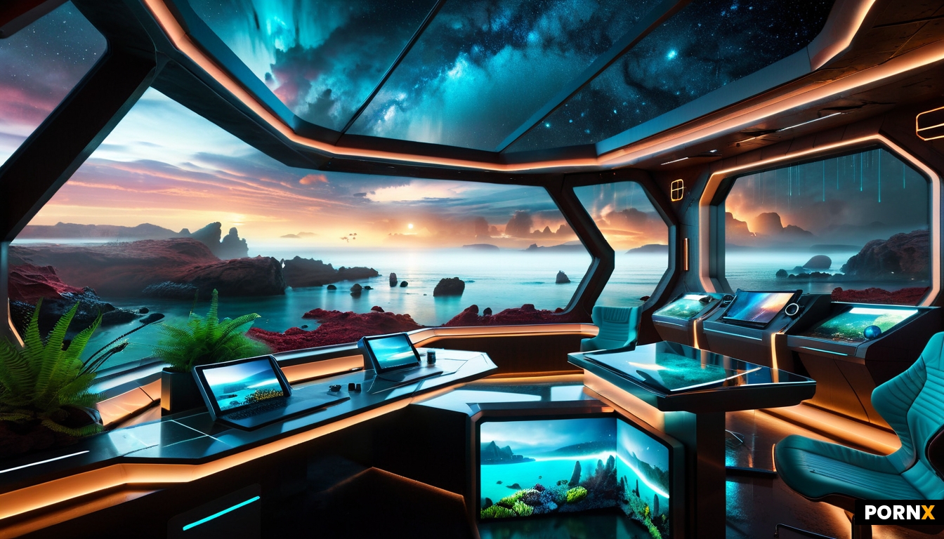 An intricate futuristic spacestation interior with large bay windows