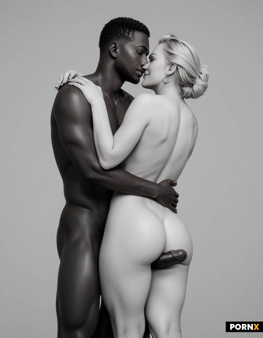 A portrait shot of a black man and a blonde woman naked and embrace in the dark void area