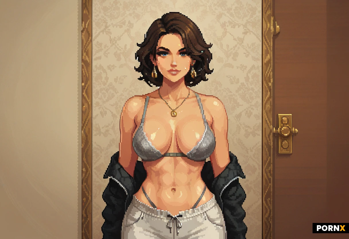 A luminous 25-year-old woman with flawless porcelain skin, full lips curved into a mischievous smirk and long straight chestnut hair spilling over her shoulders stares directly into the camera while holding her phone for a daring selfie, her eyes flashing a playful glint. She wears a thin, sporty bra that barely covers her breasts and a low-sitting soft-grey thong that clings to her smooth thighs, accentuating her supple hips, and the curve of her pelvis, while a sleek mirror behind her reflects the exposed thong and her confident pose. Warm amber light from a bedside lamp bathes the scene, casting a soft rim of glow around her hair and creating gentle chiaroscuro on her torso, with a subtle back-light highlighting the fabric's sheen. Captured from a close-up perspective with an 85mm lens, shallow depth of field isolates her silhouette, rendered in ultra-high-resolution digital photography with a cinematic, hyper-realistic aesthetic. grey loose sweatpants staying low on her hips