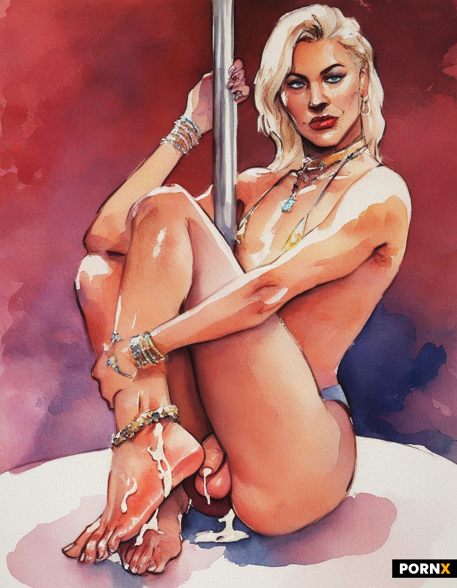A closeup portrait of a mature crossdresser stripper with fair skin and bare feet and blue eyes