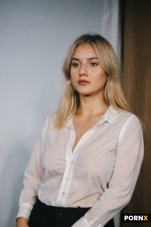 A 20 years old woman who is giving a presentation to a room full of colleagues and her blouse has co