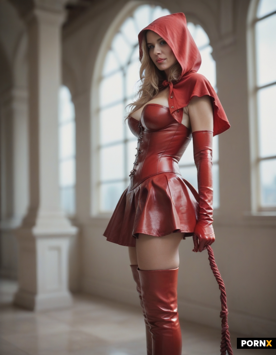 Cute blonde bimbo as Red Riding Hood in fetish red latex