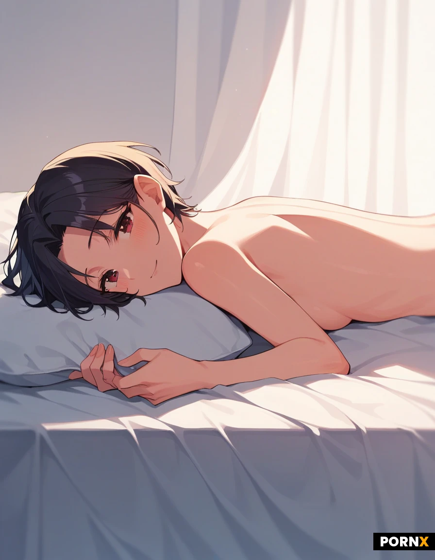 woman, anime,2d, perfect body, beautiful 2d anime art style, slender beautiful body, perfect skinny tapered contoured body, cute, laying in bed, cute anime eyes, big cute face, small perky breasts, perky, dainty body, naked, sexy body, side view, erotic, sexual, breast milk dripping from her breasts, soft detailed lighting,