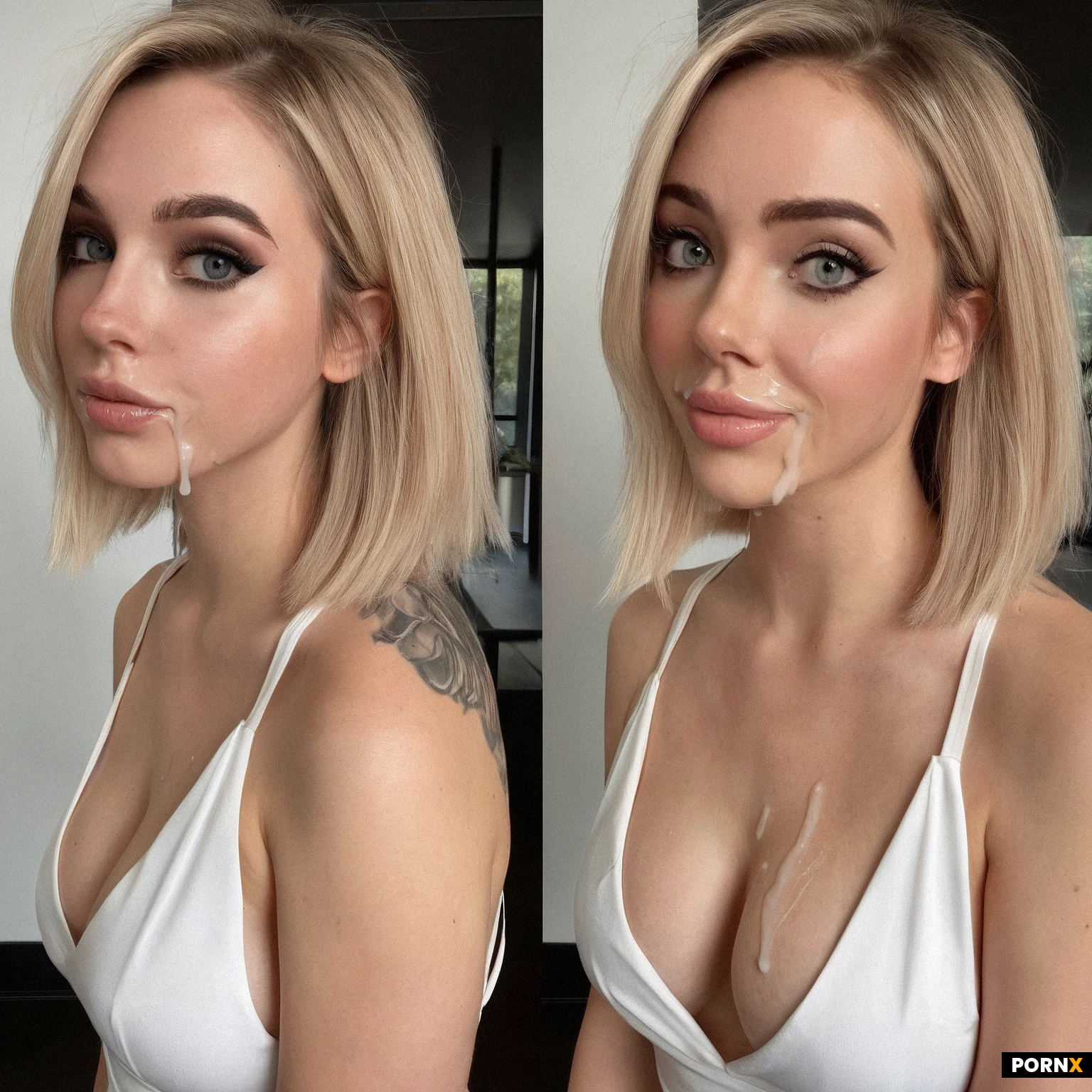 slim fit cute babe, ((beauty)), lovely 22 years old, beautiful eyes, (cum on face), rounded perfect tits, side view, guilty eye contact, in work place, cute dress,(realism style) (photorealism),