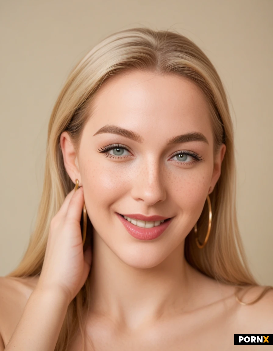 Facial Features & Structure
Eyes: Large, expressive almond-shaped eyes with clear blue-green or hazel irises. The upper lids feature light eyeshadow with a subtle touch of shimmer, complemented by defined upper eyelashes.
Eyebrows: Naturally light blonde or strawberry blonde, styled in a soft, low arch that frames the brow bone.
Nose: Straight, medium-width bridge leading down to a smoothly rounded tip.
Mouth & Smile: A broad, open smile displaying bright, even top teeth. The lips are accented with a soft pink or rose-colored lipstick/tint.
Complexion & Cheeks: Fair, warm-toned skin with light natural flush on the cheeks, faint fine lines around the eyes showing an active smile, and a smooth, rounded chin.
Hair & Accessories: Straight, light blonde hair tucked behind the ears, paired with a small, textured gold hoop earring visible on the left earlobe.20s to mid-30s in apparent age.
Skin:
Pale, creamy complexion with a natural rosy flush across the cheeks and the bridge of the nose. Fine, light freckles are scattered across the nose and upper cheeks. The forehead shows mild horizontal texture and a few shallow expression lines. The overall skin has a soft, slightly dewy sheen with no heavy foundation; pores are visible but not enlarged. A faint mole or freckle sits just above the left side of the upper lip area.
Hair:
Medium-to-light golden blonde, straight with a soft natural wave at the ends. It is parted slightly off-center and pulled back behind the ears, with loose strands framing both sides of the face. The hairline is natural and slightly rounded; no bangs.
Eyes:
Light blue-green / cool hazel-blue irises. Almond-shaped and moderately large. Up