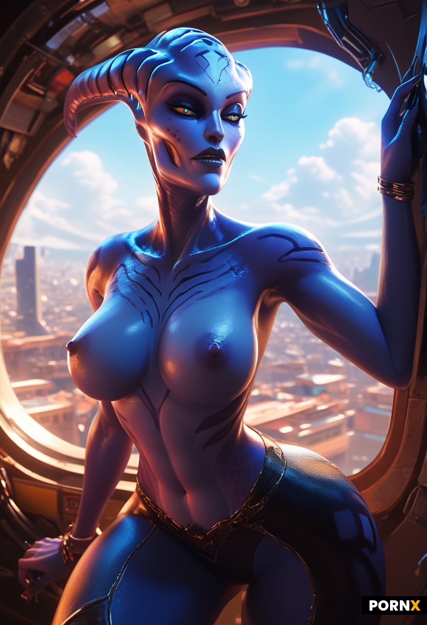 an alien spaceship with sexy female aliens looking out through a giant viewing window over the cloud