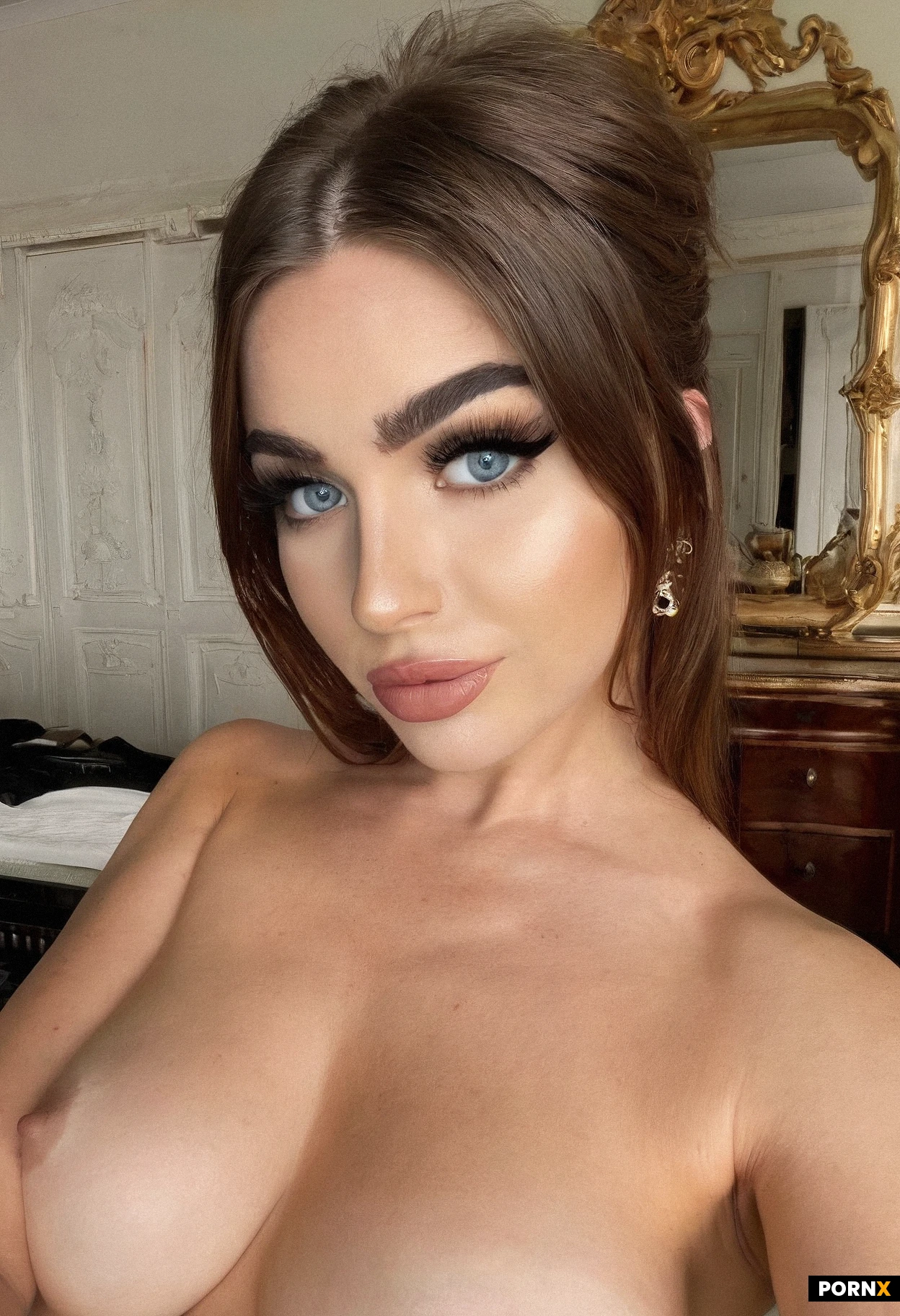 20 years old. Adorable face. Brown hair. Perfect body. Nude. Standing in a luxury bedroom. Gorgeous eyes with mascara. Thick eyebrows.
