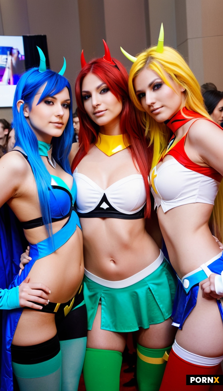 Very Close selfie of three cosplay women together at colorful convention