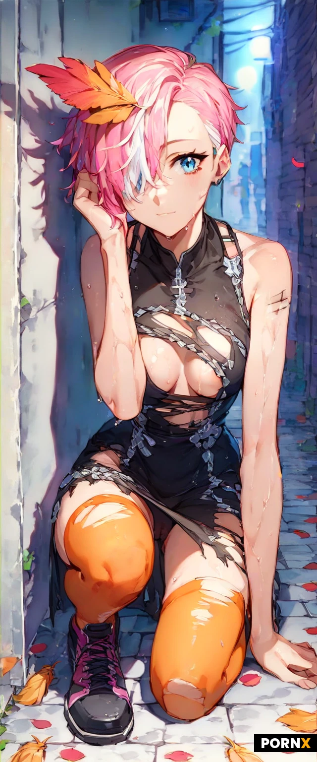 score_9,score_8_up,score_7_up,
((german,(bob hair),asymmetric bangs,((pink hair with black sidehead)),(tied light white highlights),blue eyes,side undercut,orange feather head accessoire,one eye covered
,Female,cute,(horny),((pale ceramic skin:1.2)),highly detailed face,highly detailed eyes,smeared mascara,highly detailed nipple,curious,good view,incredibly detailed,professional colorgraded,advanced shadows,meticulously created,perfect masterpiece,alone,black background,close,dutch angle,((asymetric)),dappled shadows,realistic texture,advanced physiks,((beautiful hair)),dimm lighting,black flower dress,teardrop shape,petal halter style,wet dress,long slit dress,((sweaty natural breasts)),wide hips,pretty pink nipple,((show breasts)),detailed big areolas,areolas slip,silky nipple,exposed breasts,heavy raining,close face,spread up dress,tucked aside wet panty,wraped around leg,leaning in shadow,on wall,rest on ground,drenched body,wet hair,sticky,((night)),late,darkness,in dark alley,cameltoe,torn orange stockings,(teary:0.8),windy,((sinister atmosphere)),((hiding in darkness)),in dark shadow,shady,(scratches:0.8),reaching deep,dark shades