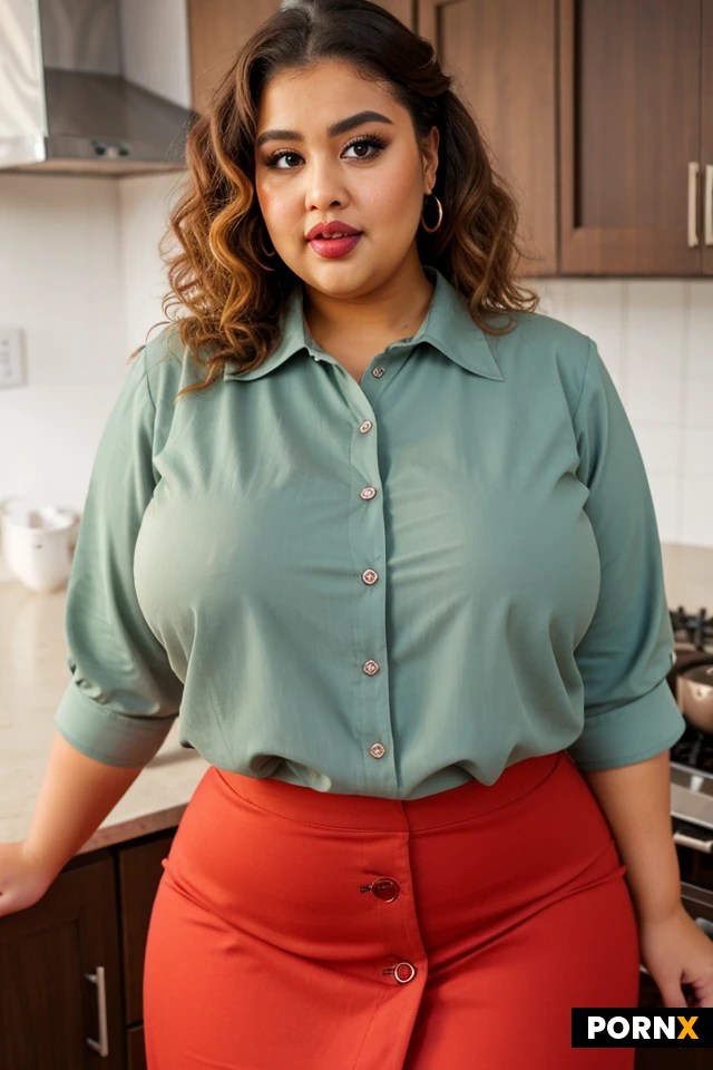 Ebony, fat, juicy lips, obese, vuloptuous, large red blouse, kitchen, curvaceous,,, cute face, curly, huge chest, large hips, button up, loose fit blouse, skirt