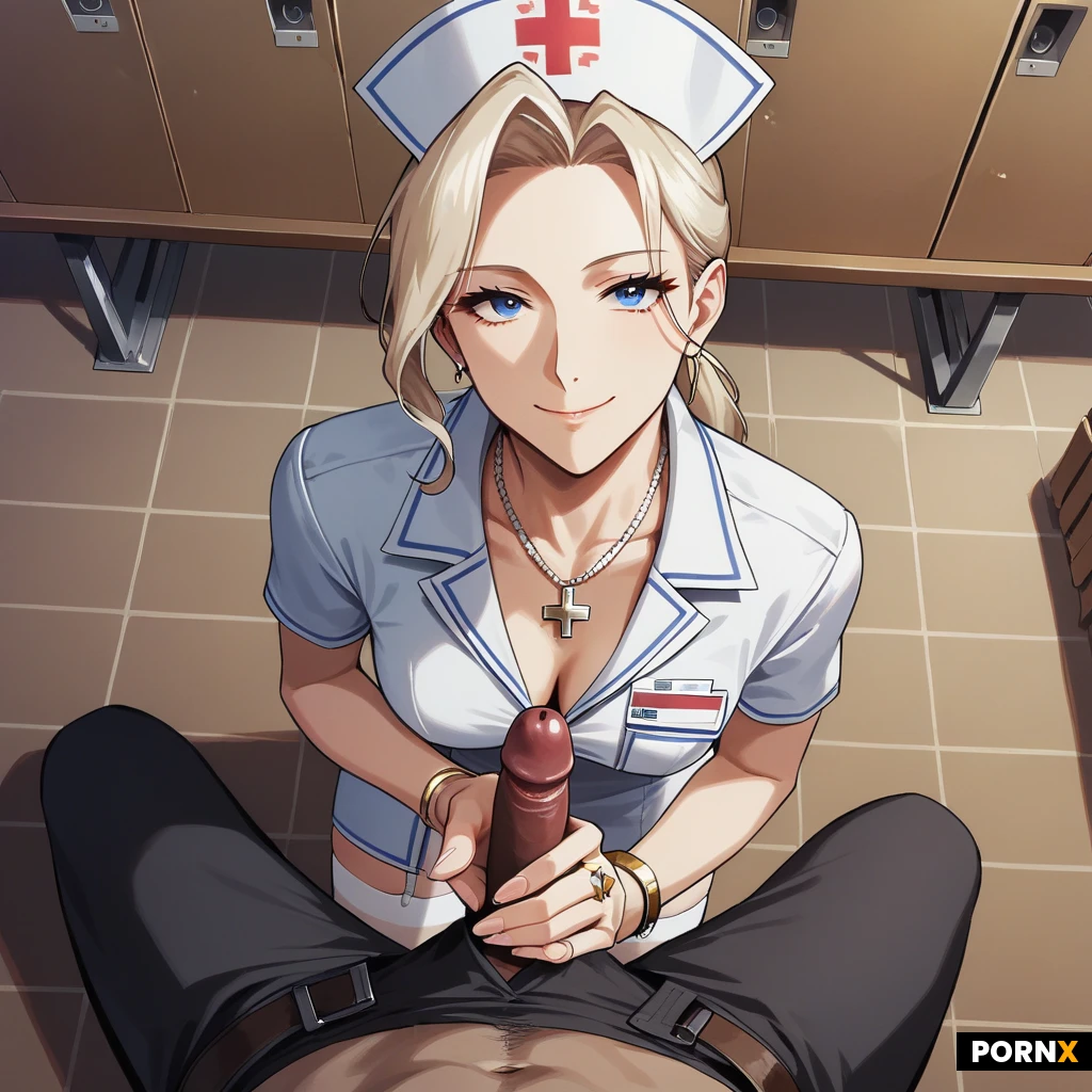 beautiful woman, long platinum blonde hair with bangs, pale skin, blue eyes, medium breasts, kneeling on the floor, blowjob, looking up at viewer, pov, sexy nurse outfit, short white dress, white stockings, nurse cap, gym locker room, metal lockers, wooden bench, fluorescent light, (There are 3 black men and 1 Beautiful journalist woman 1:2), journalist woman: she is looking at the viewer,looking at the viewer with smiling expression, she is wearing a satin beige robe style button down wrap dress cropped 6” below her crotch, with front pocket on each side of shirt at chest level, with wide brown leather belt, light makeup, she has a plain fine gold necklace, she has a curb style gold bracelet on her right hand, she wears a plain fine gold bracelet and gold watch on her left hand, she has diamond engagement ring on,she has beautiful long fit defined legs, smooth golden tan legs, legs slight shine from lotion, legs sensually crossed, she has brunette hair with well blended mild hazel highlights, in long slicked back ponytail with front bangs, she has closed mouth smiling expression, she is standing up forward a line up of men),(1 of black man is standing next to her left side, she is giving him a handjob with her left hand and holding a microphone on hand with her right hand 1:1), (the other 2 black men are standing, they are in a line behind the 1st black man, they are waiting their turn,black men are smiling in satisfaction), ,view from profile,angle view,(tv interview, sexy white woman,brune journalist with microphone on hand)