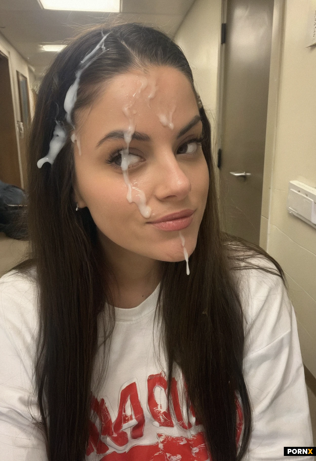 18 year old woman college dorm hallway baggy shirt underpants cum on her face eye contact 2010s