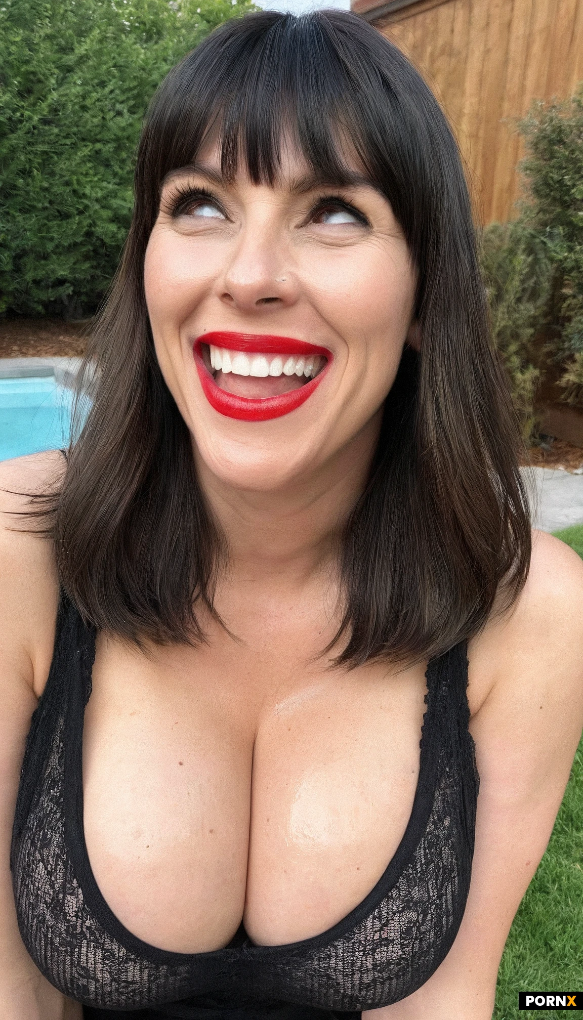 ultra photorealism, hyper detail, close up, skin detail, 30 year old, milf, laughing, busty, casual clothes, backyard, laughing expression, happy, red lipstick, bangs