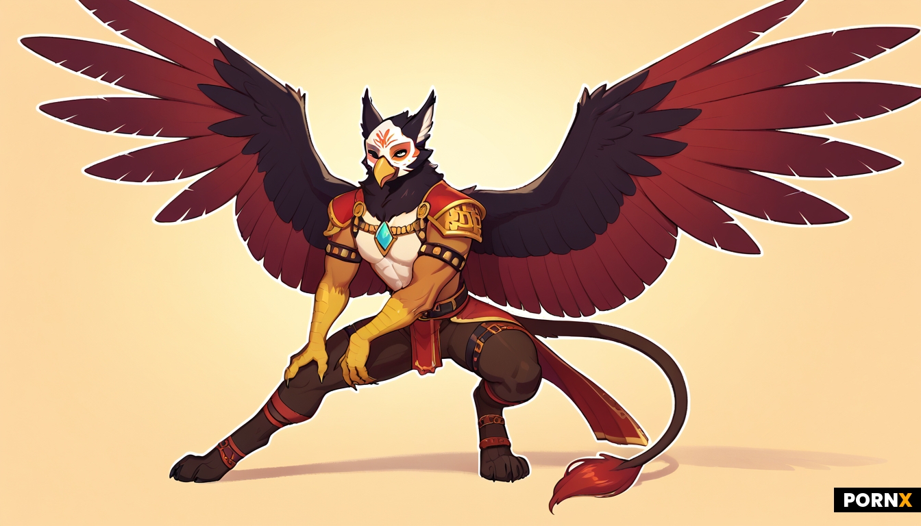 A black gryphon wearing a humanoid phantom of the opera style mask
