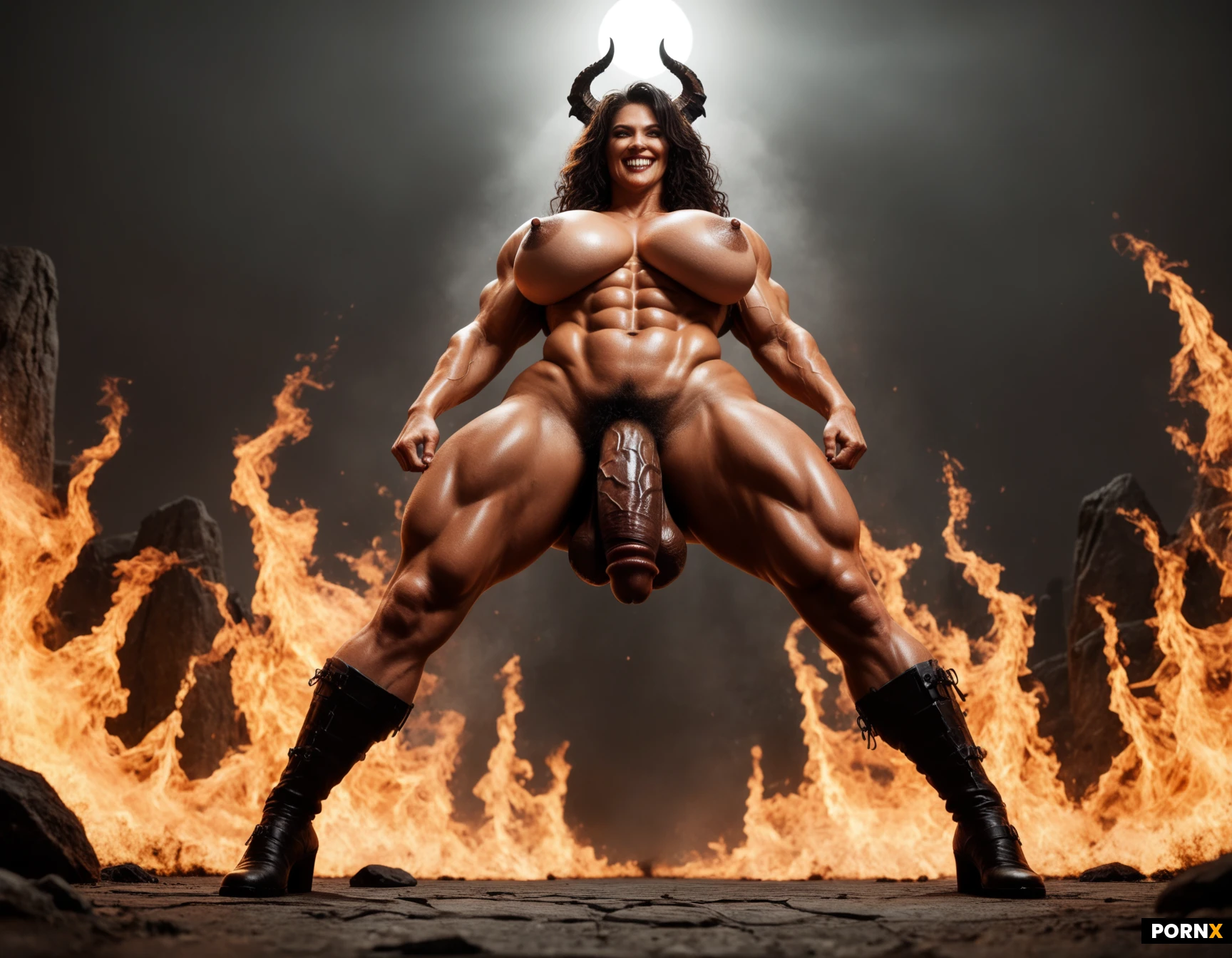 A towering, unapologetically nude demonic shemale woman stands on black stone floor, her massive torpedo-shaped tits thrust forward, razor-sharp teeth, grinning evilly, while a 13-inch, rock-hard, dark-red scaled penis-veiny, four inches wide at the base and 3.7 inches at the shaft-hangs prominently between heavy, plump testicles, cockhead-shaped nipples, all covered in glistening, scarlet reptilian scales that ripple across her face and entire body, horns curving slightly forward from her forehead, and a tight, flat belly showcasing ultra-defined, vascular abs and extreme muscular definition in arms and legs; black, curly, trimmed pubic hair frames the base of her cocks shaft as she arches her hips, hands planted defiantly on them, tilting her head with an inviting, evil smile that beckons the viewer closer. A massive, smoky fire rages twenty feet behind her, casting flickering orange-red light that accentuates the glossy texture of her scaled skin and creates dramatic soft rim lighting around her silhouette. The composition is captured from a low, slightly worm-eye angle, using shallow depth of field to keep the demon sharply in focus while the background flames blur into a fiery haze, evoking a cinematic, hyper-realistic digital painting style with ultra-high detail and vivid color saturation.