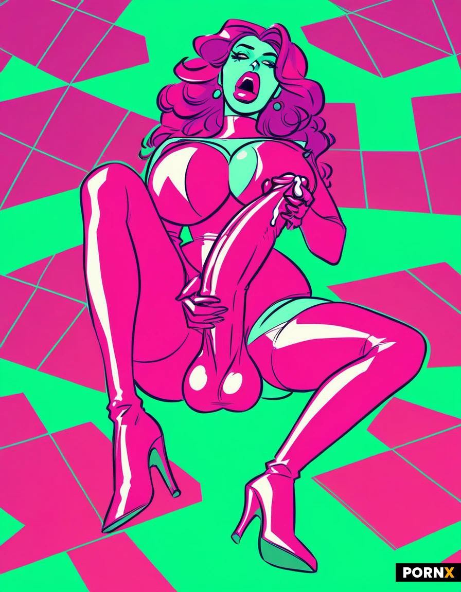 futanari, sitting-laying, leg-up, masturbating-handjob, busty, (fat-large-breasts), extreme-areolas, narrow-waist, pubis, (mini-cock:1.3), testicles, anus, slutty, tiny-latex-suit, latex-boots, long-curly,hair, open-mouth,panting, horny, oiled-smooth-skin, vivid-pink-palette, dynamic-angle, portrait, (cock-stroking), cock-worship-pose, glossy-lips, enhanced-breats, (pink-glossy-latex), precum, drops, dripping, slimy, erotic, lust, indirect-lighting, vaporwave