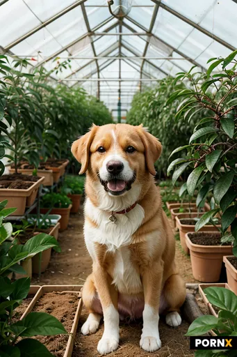 doggy in the greenhouse between fig trees