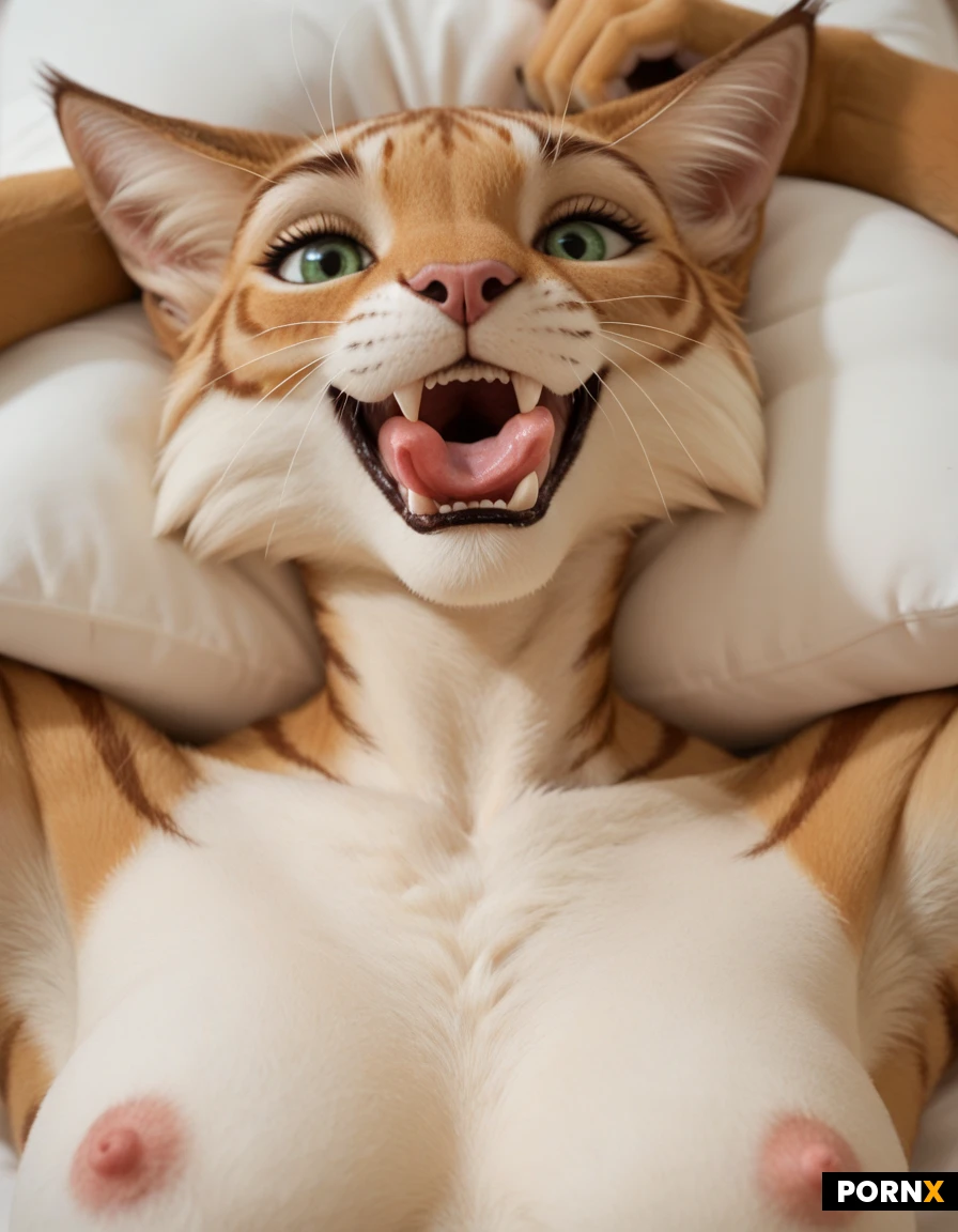 Two 20 Years old Furry, feline female, close up portrait, showing face and tits. head on a pillow, Furry, Skinny, laying on there back. Pail green eye color, orgazam face, nude. Mouth open, Striped fur.