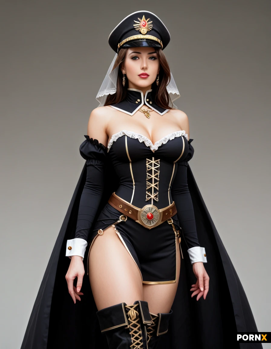 Rendered in vibrant MOE anime style with crisp linework, glossy cell shading, and rich, saturated colors. vector.high_Quality_eyes,high_Quality_image,high_detailed_image,high_detailed_face,fantasy,(MOE_anime_style).Fitted bodice / corset-style bodice — the blue-and-white upper section,
Deep V neckline,
Off-shoulder / shoulder-draped sleeves,
Long detached sleeves with fitted cuffs,
High-waist design,
Asymmetrical split skirt / open-front skirt,
Long cape or mantle attached around the shoulders,
Decorative waist belt / cincher,
Metallic medallion ornaments around the waist,
Tabard-like front panels,
Thigh-high stockings or thigh-high boots underneath the split skirt,
Tall military-style peaked cap,
Long veil/fabric panels falling from the back of the hat,