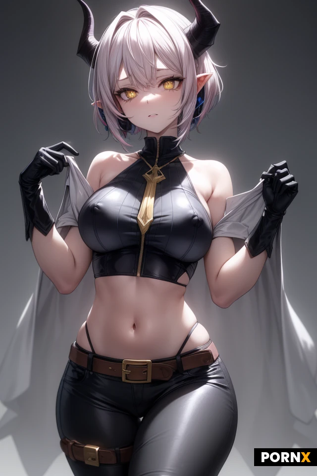 Short stature, hair styled in a highly layered and unstructured short shaggy cut, characterized by voluminous layers on top, frayed ends that frame the face, and a long, expressive fringe; pale skin, pink and pointed nipples, dark blue hair color, black sclera, yellow iris, vertical pupils, horns that grow slightly backward and then curve elegantly forward and upward, emulating a half-moon or "C" shape just above the ears, a thin and defined waist, well-defined legs and hips, and a rather full and prominent bust; the heads have a dark color (black or dark gray) with a smooth texture, ending in very sharp and prominent points; • Crop top style top: A very short, tight bodice with a generous neckline that leaves the abdomen completely exposed (exposed midriff). • Micro shorts and chaps: She wears extremely short shorts paired with so-called chaps (long leather leggings fastened by belts that cover the legs but leave the groin and hip area exposed). • Long gloves: Gloves that go up to above the elbow, reinforcing the classic succubus/anime witch aesthetic. • Leather accessories: Detailed belts with buckles crossing the waist and thighs, giving an air of a gothic warrior/summoner.