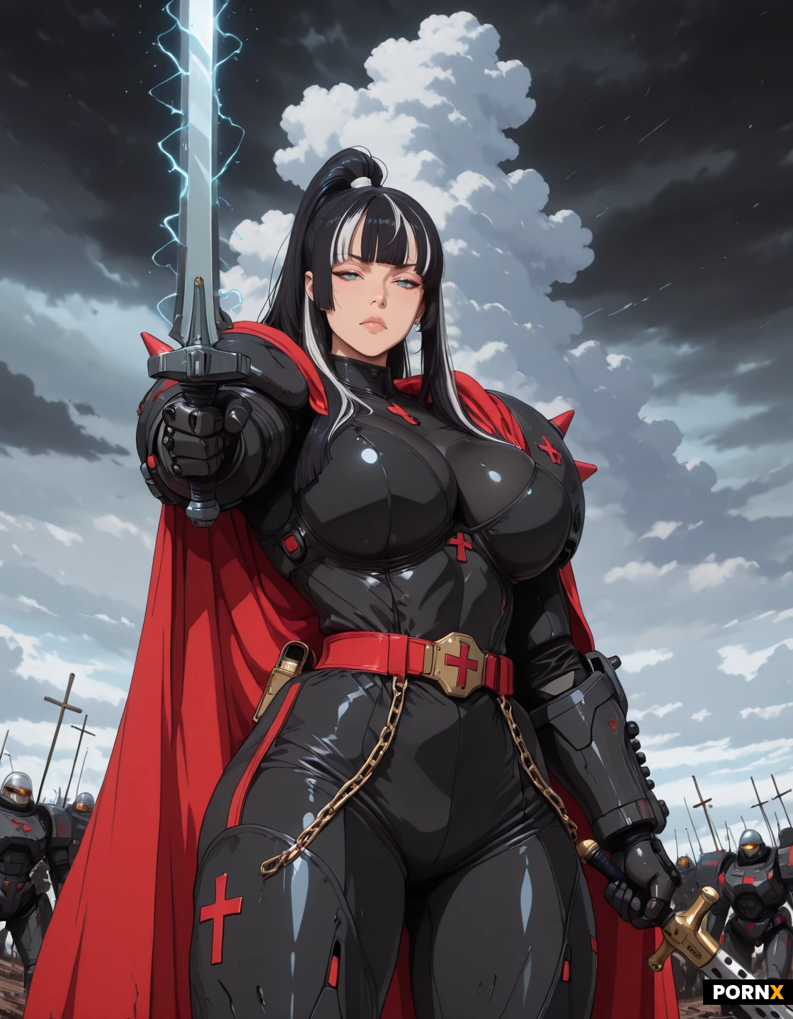 Standing On A Battlefield, Space Nun, Heavy Power Armor, Religious Symbology, High Ponytail, Make-up, Chain Sword In Hand, Cape Billowing In The Wind, White Streaks In Hair, Fighting Pose, Stormy Sky, Looking Down On viewer, Pointing Sword At Viewer