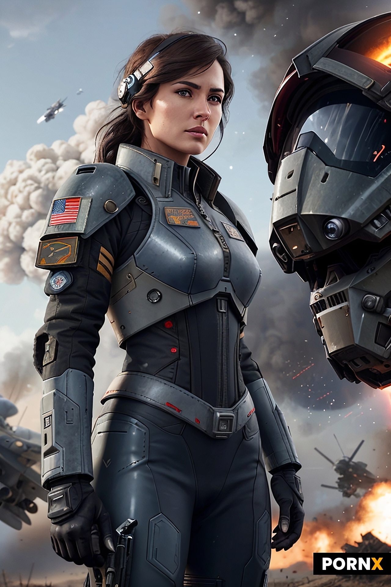 A highly detailed and realistic digital painting of a fierce female Battletech aerospace pilot in he