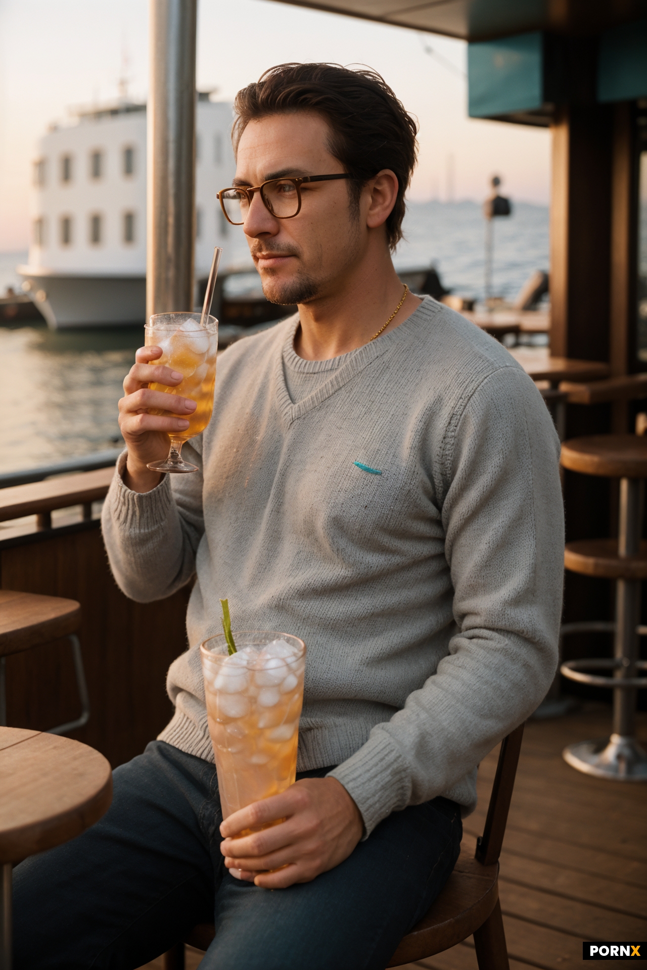 A cinematic photorealistic medium close-up of a man sitting alone on a stool at the far corner of an