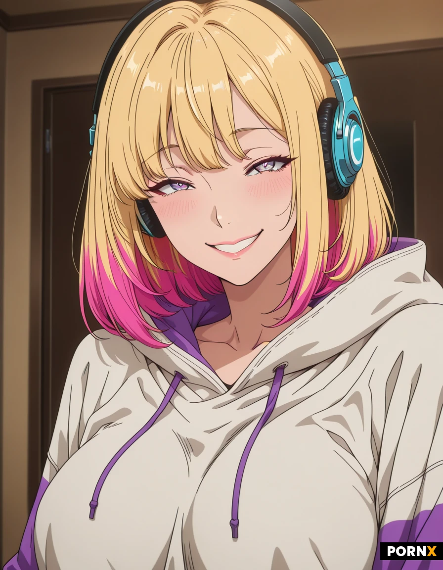 First-person view from man penetrating the woman vaginally. Woman mid aged Milf has an e-girl style with blond hair and neon dyed stripes, an oversized hoodie, playful accessories, headphones, and a gamer girl vibe., The subject looks flirty, with a subtle smile, direct gaze, and soft expression., excited, flirty, wide view, flashing tits