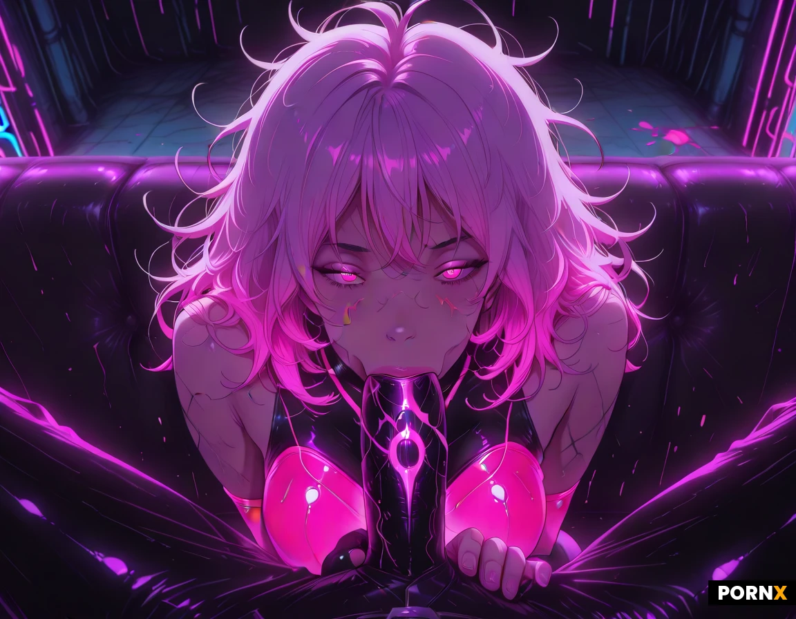 (Ultra short, vibrant-neon pink, messy hair:5.0), (naked:1.5),(outrageously excessive male ejaculation amount:2), An adult French-American-Sicilian woman with a flat chest, cinched waist, wide hips, thick thighs, and oversized neon-green eyes with dilated pupils, cheeks flushed as she kneels on a polished hardwood floor, her expression lustfully hungry eyed, desperately horny, and brimming with mindless depravity. She is positioned between the spread legs of a muscular man who is seated on a sleek black leather couch, one hand on the back of her head, holding her hair while she performs a slobbery blowjob on his ultra-thick, extra-long, gigantic cock, grabbing the base with one hand and making a deviously wicked expression while using her extra long tongue to lick it from the balls, up the shaft, and all the way up to the tip as the man ejaculates so much semen that it makes a mess of her face and body and splatters onto the floor. The scene is captured from a side angle in 4K with a 85 mm f/1.4 lens, soft rim lighting and a medium depth of field that makes the glossy leather and wet splatter glisten, while a dim warm overhead source casts deep shadows across the room. Neon-pink and neon-green accents pulse faintly in the background, giving the hyper-real, cinematic composition a futuristic, high-contrast atmosphere.