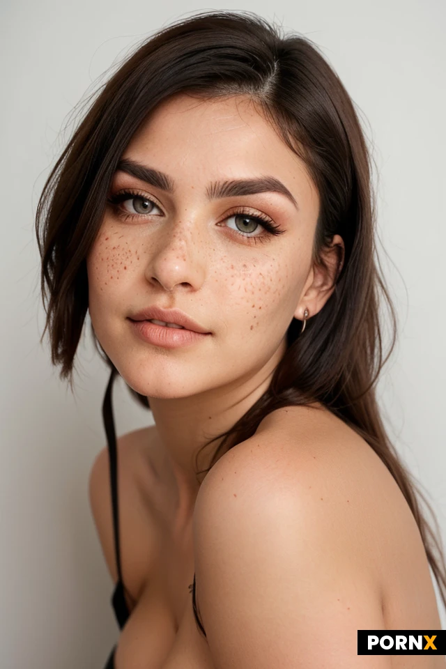 A 18 woman With long black hair
bangs haircut and round and chubby jawline with a bit almond eyes huge freckles and average sexy lips she has a bit big face cheeks she is curvy has big tits and big ass and big thighs she has a mix of blue ans hazel eyes ans has brandy eyebrows she has a side nose piercing